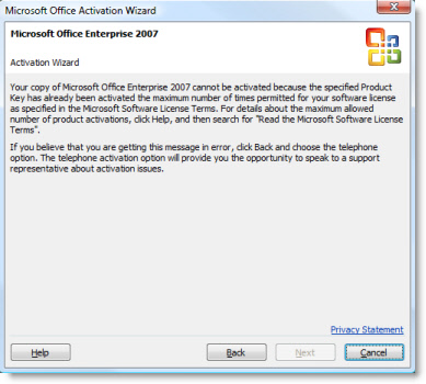 Office 2007 Cannot Activate